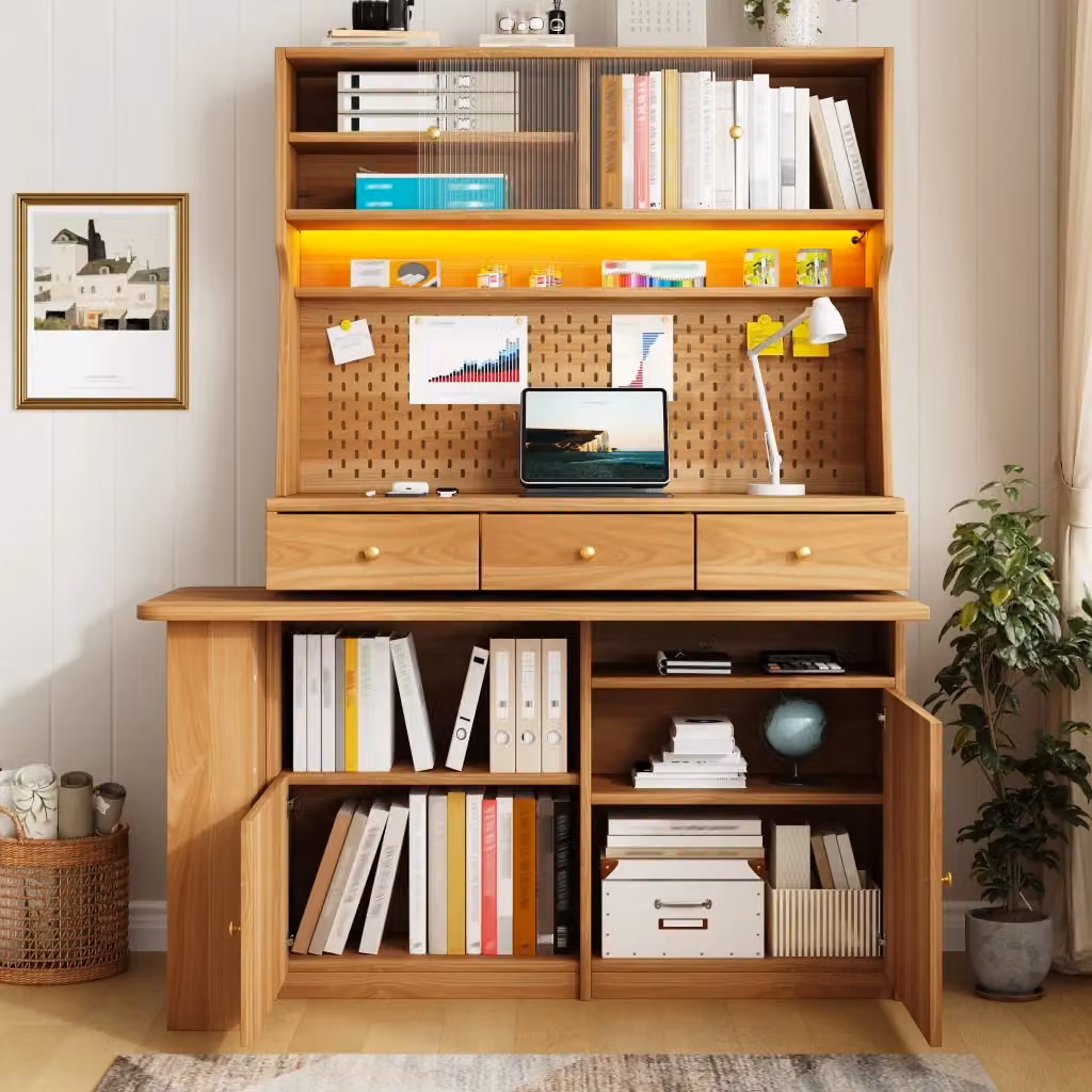 Armadio alto con scrivania integrata e illuminazione LED controllabile tramite app in MDF, Colore Beige e Marrone, L: 137 cm, P: 74 cm, H: 177.7 cm – 2