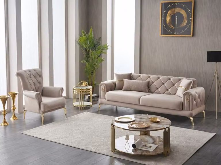 Garnitur Polstersofa Dreisitzer 2tlg Stoffsofa Sessel Beige Sofa Luxus