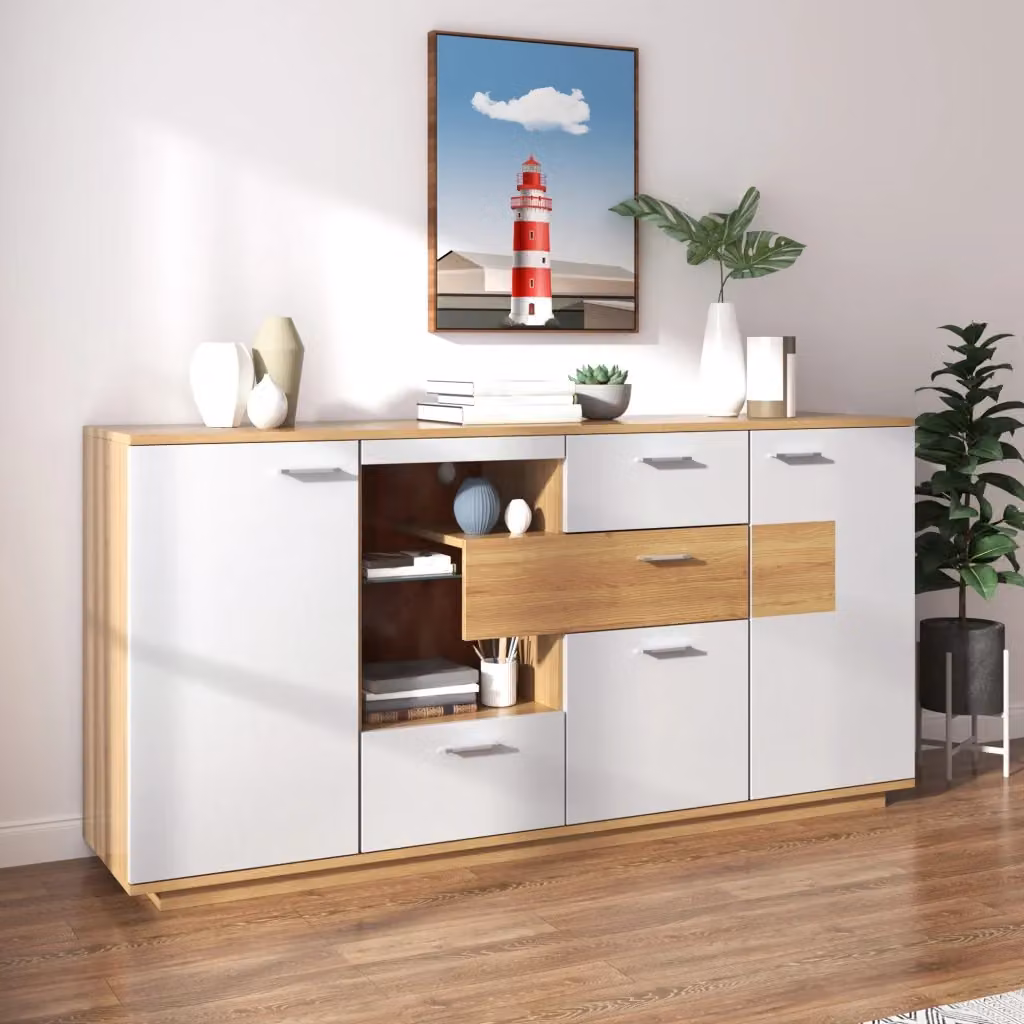 Madia moderna MIVRAY in MDF bianco effetto legno con 2 ante, 4 cassetti, ripiani regolabili e illuminazione LED integrata a 16 colori L/P/H: 160 x 40 x 77 cm – 2