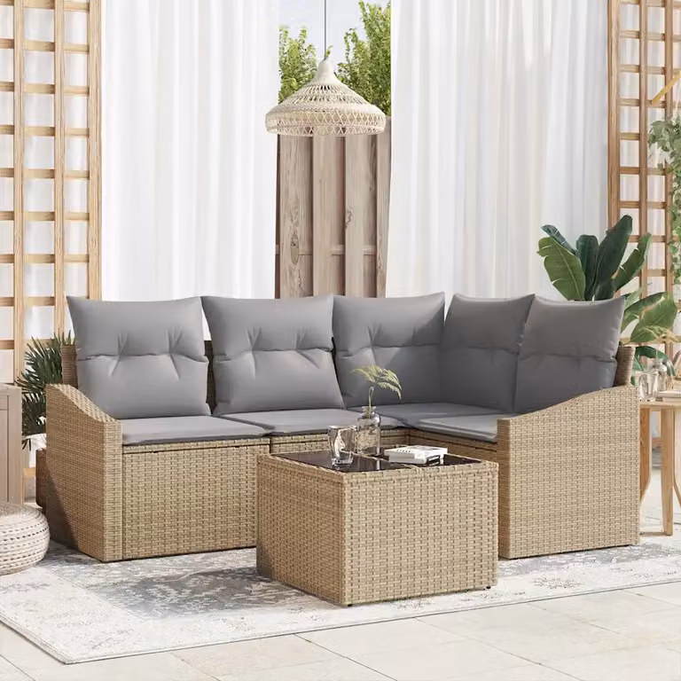 Set Divano da Giardino vidaXL 5 Pezzi in Polyrattan con Tavolino e Cuscini Beige e Grigio