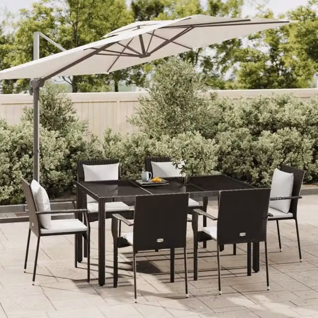 Set da Pranzo da Giardino 7 pz Nero con Cuscini in Polyrattan 3184978
