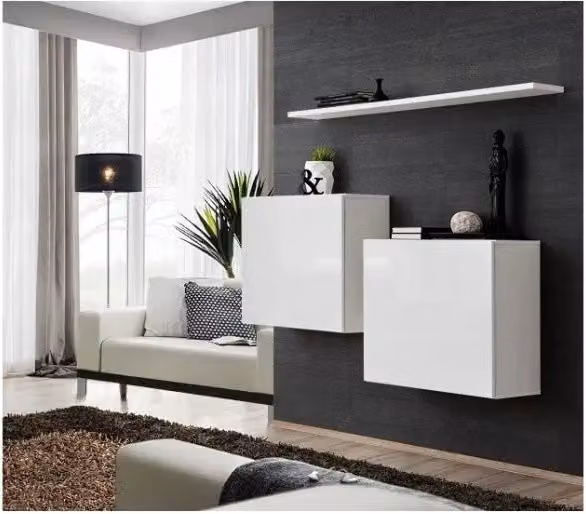 Composizione murale SWITCH SBI – Cubi sospesi e mensola – Bianco lucido – Design moderno