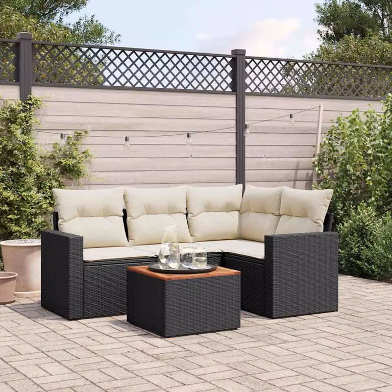 vidaXL Set Divani da Giardino a L 5 pz in Polyrattan Nero con Cuscini e Tavolino