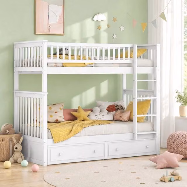 Letto a castello ULEVR 90x200 cm trasformabile in 2 letti, con 2 cassetti, pino e MDF bianco