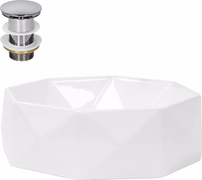 Lavabo LuxeBath Lavabo da appoggio rotondo, Ø 42x13,5 cm, bianco, in Vetroceramica, incl. set di scarico senza troppopieno