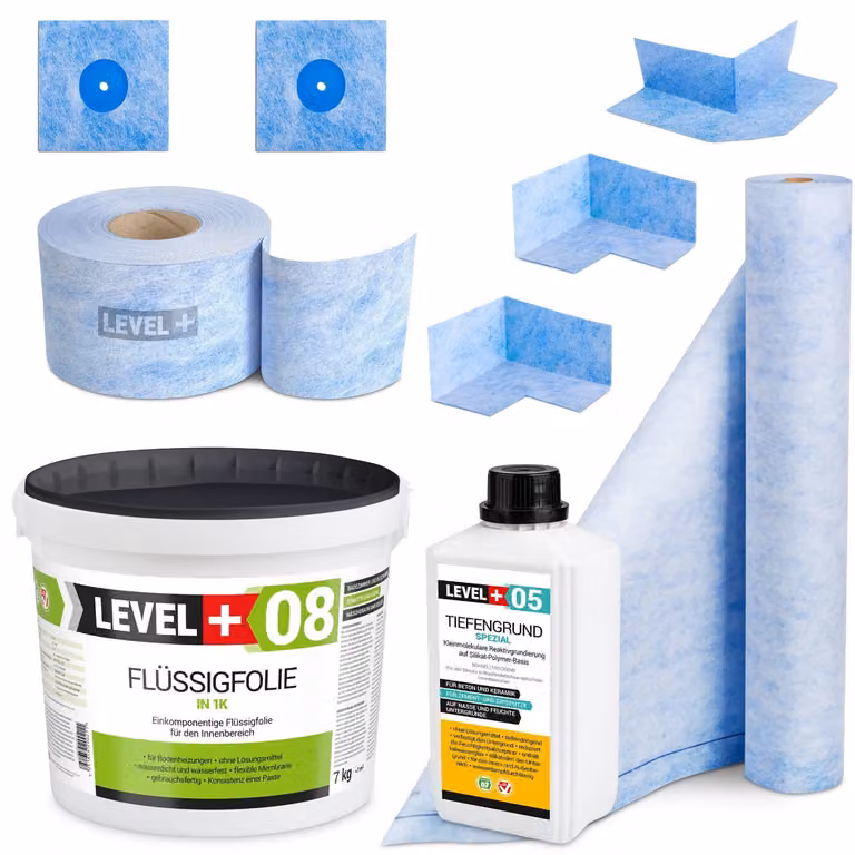 Kit di impermeabilizzazione Foglio liquido 7 kg Nastro sigillante 5 mb Primer 1 L Stuoia 2m² - LEVEL+ SET40