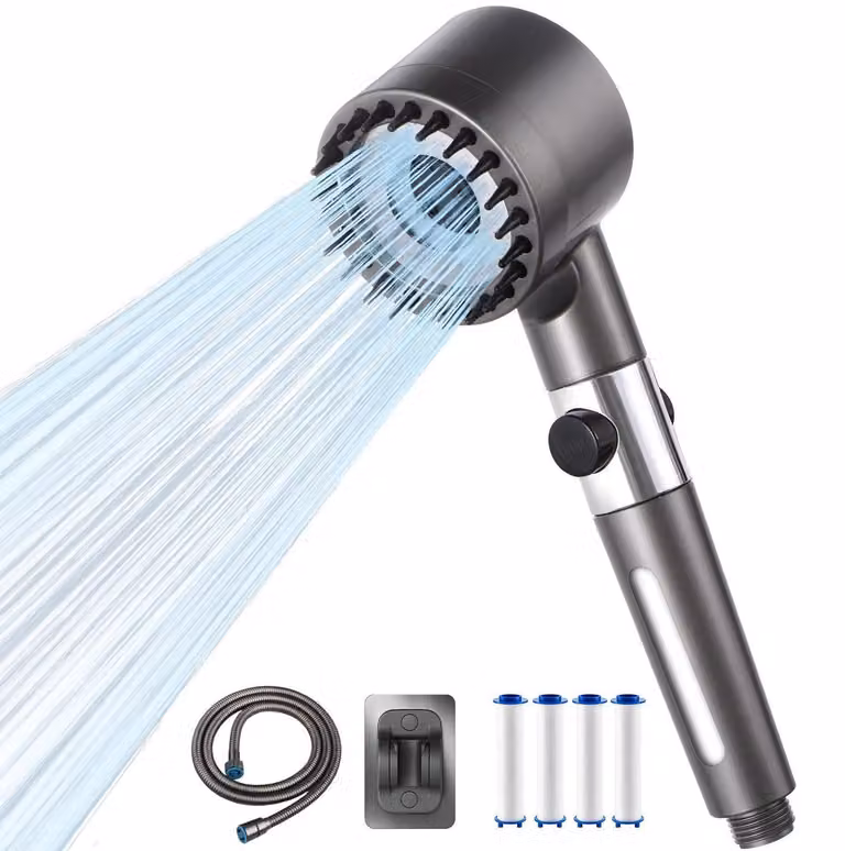 Doccia con filtro per l'acqua a 15 stadi, 4 tipi di getto, pulsante di arresto, colore grigio, materiali: ABS, cromo, plastica ABS