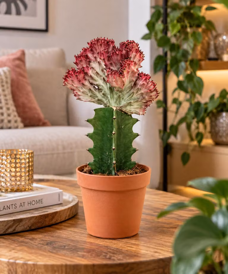 Euphorbia lactea 'Cristata' rossa, circa 20 cm – cactus corallino in vaso da 8,5 cm, pianta da interno eccezionale