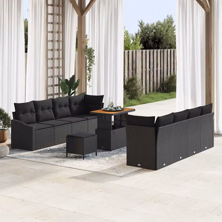 Set Divano da Giardino Moderno vidaXL 11 Pezzi Nero con Cuscini e Tavolino in Polyrattan e Acciaio