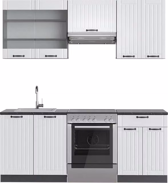 Cucina componibile Fame-Line Bianco rustico/Antracite 200 cm senza piano di lavoro Vicco