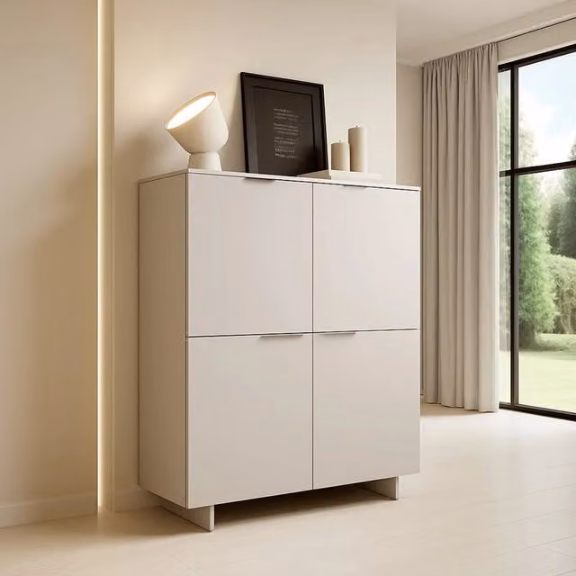 Credenza Colonno DMORA con quattro ante battenti, Madia moderna beige per soggiorno e ufficio, L 100 cm, P 42 cm, H 145 cm – 1
