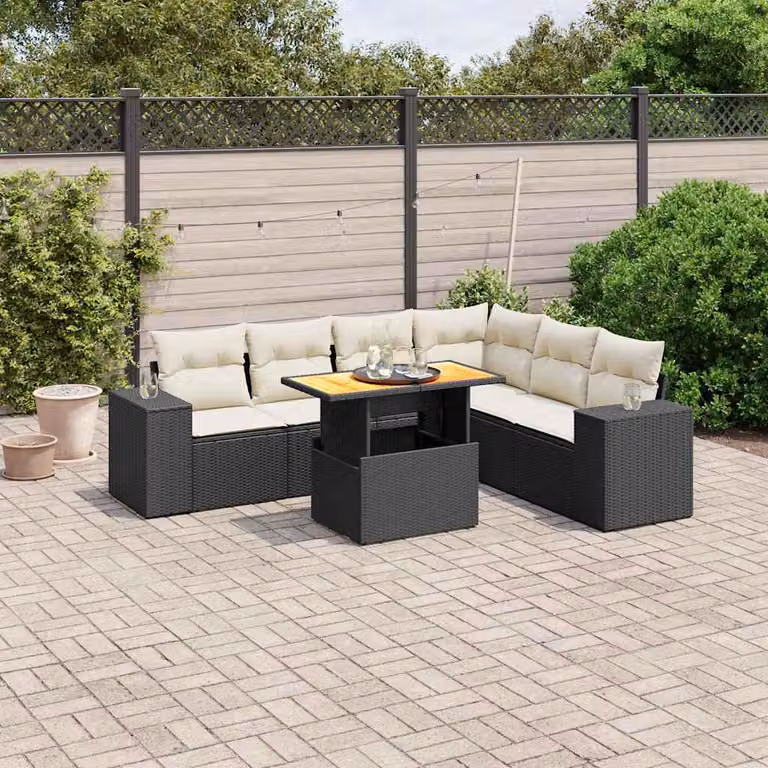vidaXL Set Divano da Giardino a L con Cuscini 7pz in Polyrattan Nero e Bianco