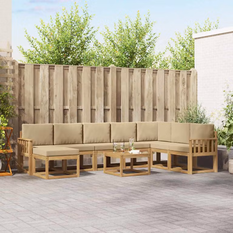 Set di divani da esterno vidaXL 9 pz in legno di acacia con cuscini, colore bianco, beige e marrone