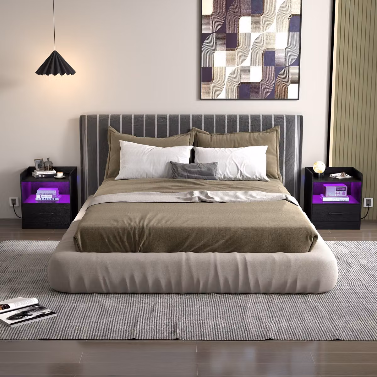 Comodino Costway moderno con luce integrata, mensola aperta e cassetto, 3 livelli, Nero