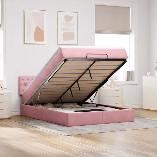 Letto con contenitore a sollevamento vidaXL in velluto rosa e bianco con illuminazione sottostante e porta USB L/P/H: 203 x 144 x 88 cm