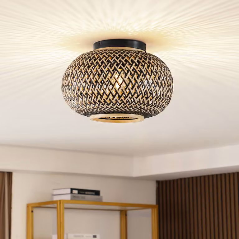 Plafoniera soffitto Nerys Lindby, dimmerabile, Legno scuro, Soggiorno / Sala da pranzo, Legno, Campagna / Rustiche, Plafoniera