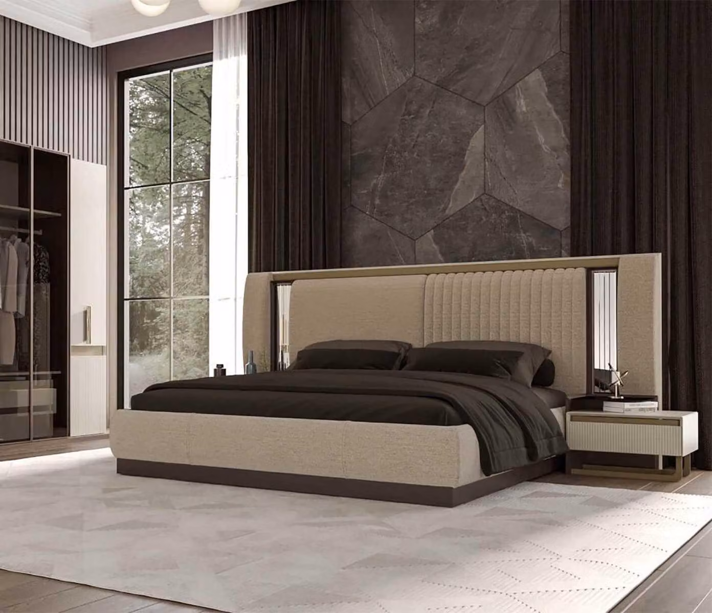 Elegante set da camera da letto: letto con comodi comodini