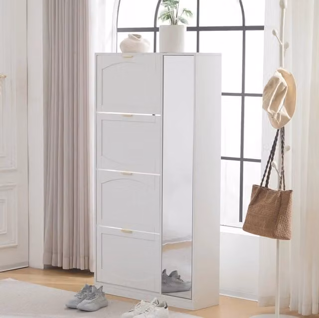 Armadio portascarpe moderno bianco con specchio e 4 scomparti pieghevoli, ripiano regolabile, 80x147x24 cm
