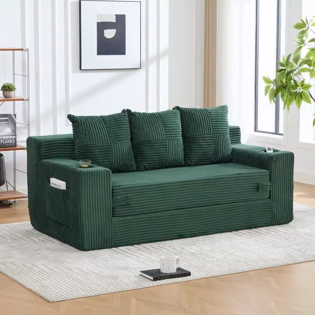Divano modulare 172x87x64 cm trasformabile in cuscini in velluto a coste smeraldo