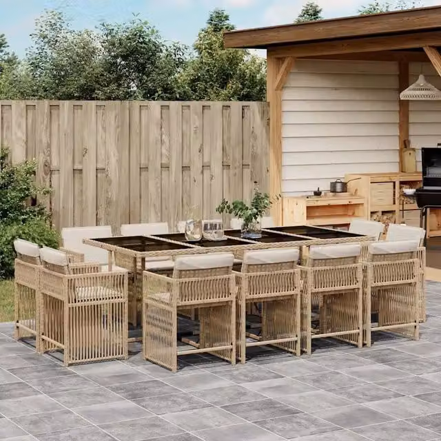 Set da Pranzo da Giardino vidaXL in Polyrattan con Cuscini Beige e Tavolo in Vetro, 13 Pezzi – 1