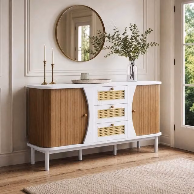 Madia moderna bianca con ante effetto legno, cassetti in rattan e ripiani regolabili L/P/H: 76 x 40 x 33,2 cm