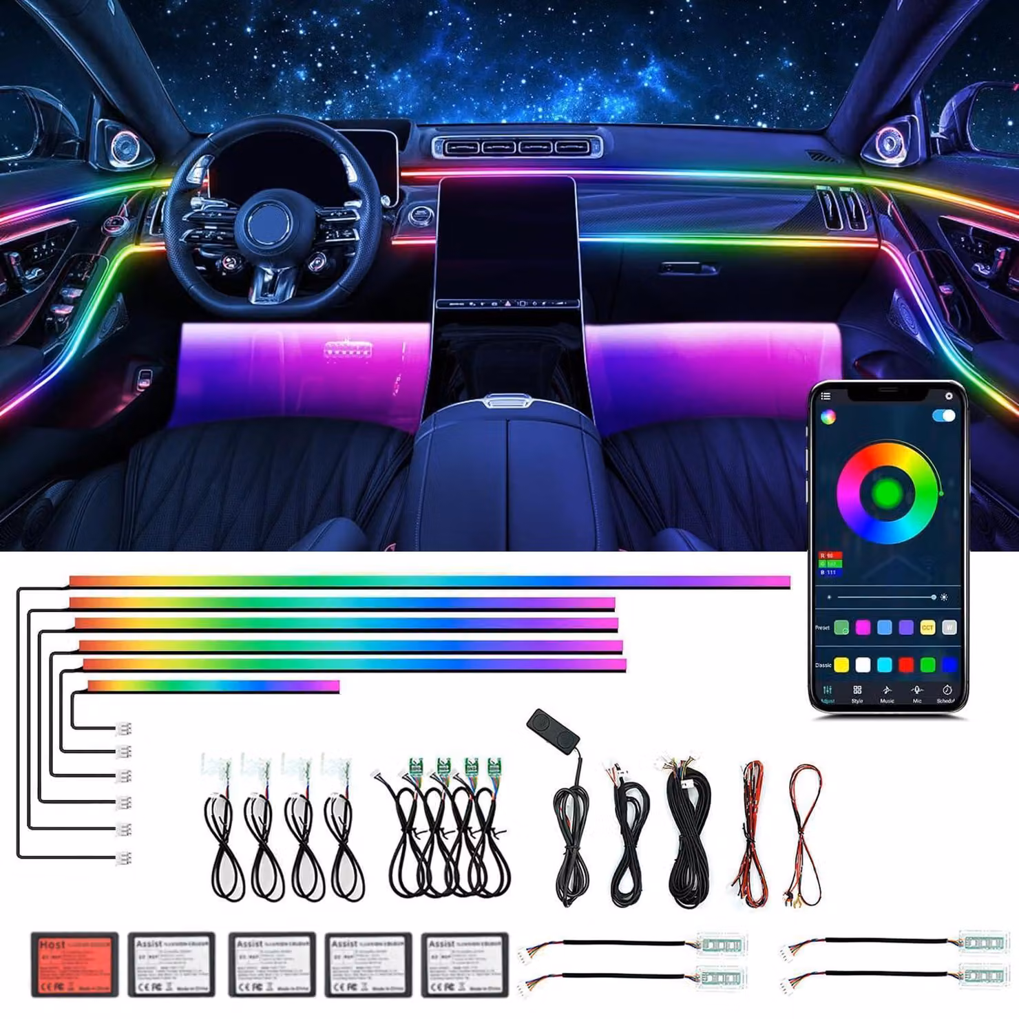 Kit di illuminazione interna in acrilico per auto, 18 funzioni, 593 LED, fibra ottica, sincronizzazione con la musica, RGB, 16 milioni di colori, 213 modalità