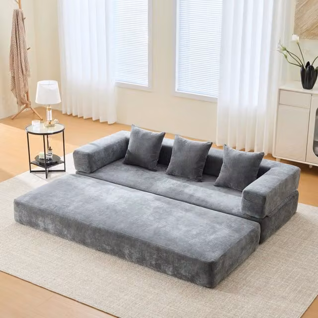 Divano letto moderno Vovees Living in velluto grigio con coperture rimovibili L: 198 cm, P: 79 cm, H: 60 cm
