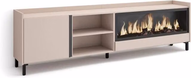 Mobile TV Soggiorno, 212x61x35 cm, Per TV fino a 80", Camino elettrico XXL, Design industriale, Beige
