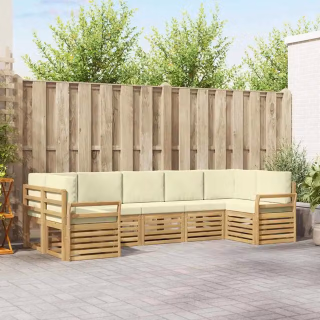 Set di divani da esterno a L vidaXL in legno di acacia con cuscini bianchi e beige – 1