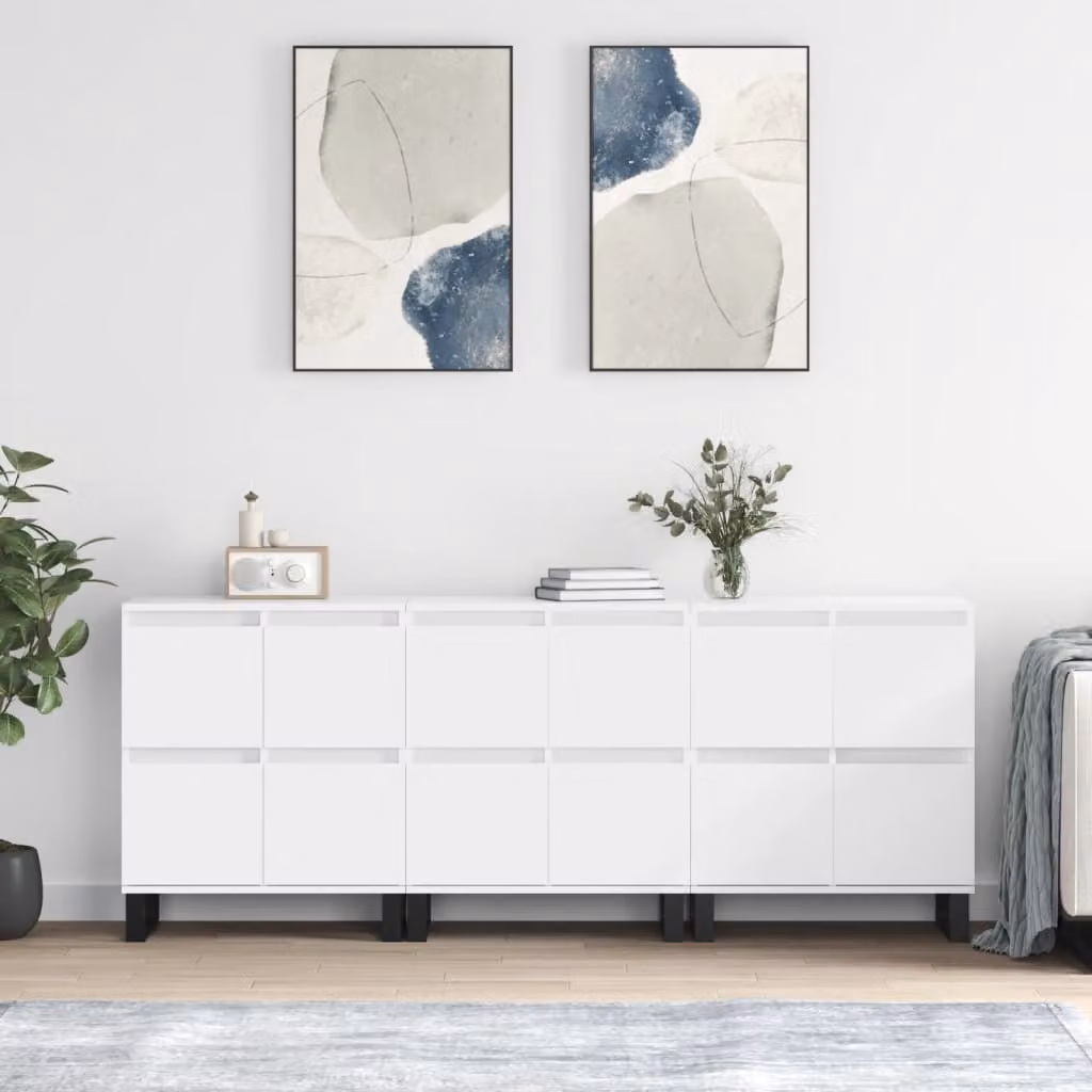 Set di 3 credenze vidaXL in legno multistrato e metallo, colore bianco opaco