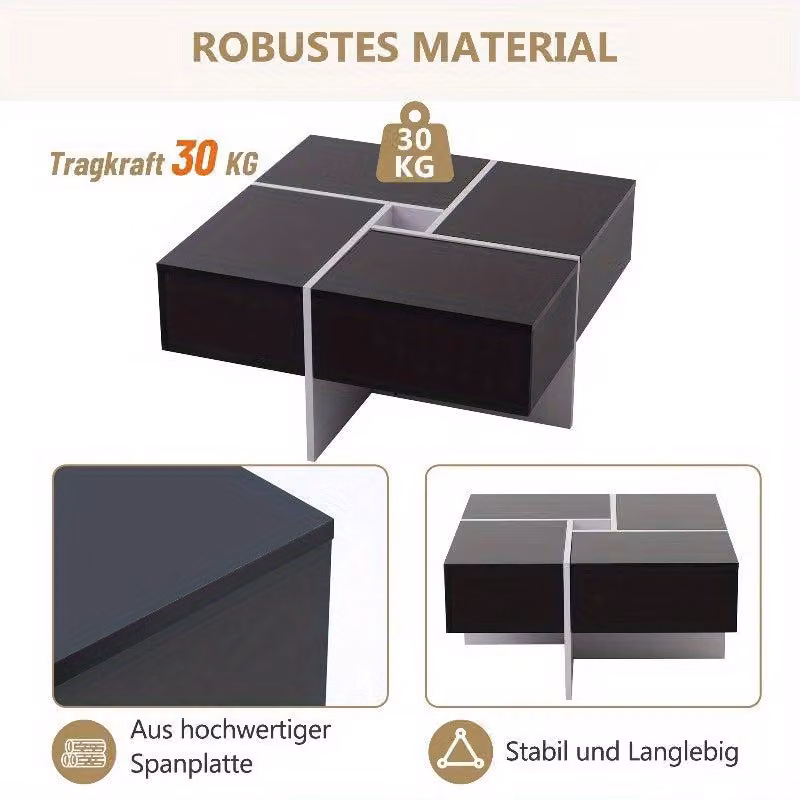 Tavolino da salotto 70x70x35 cm – Tavolino con 4 cassetti – Metallo nero e bianco lucido