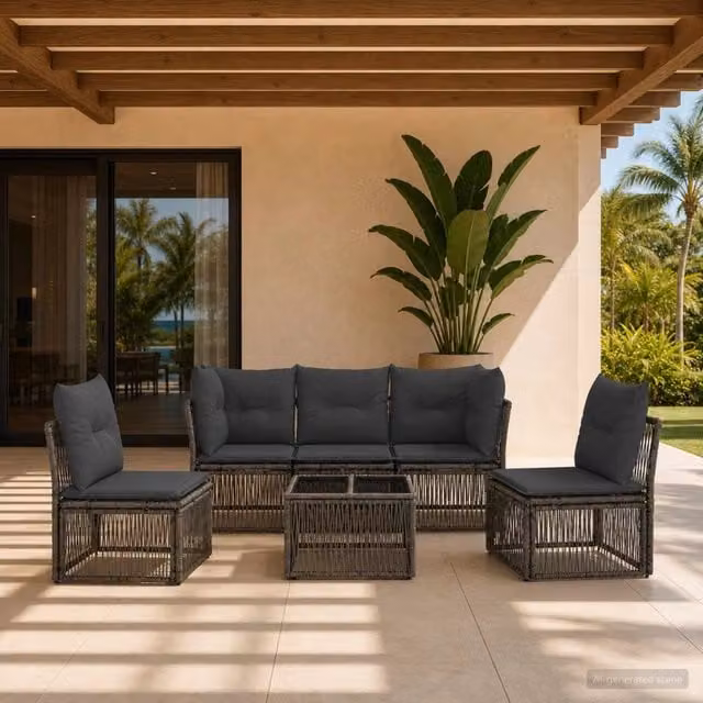 Set da giardino moderno vidaXL composto da 6 pezzi con divano ad angolo, tavolino da caffè e cuscini grigi in rattan e metallo – 1