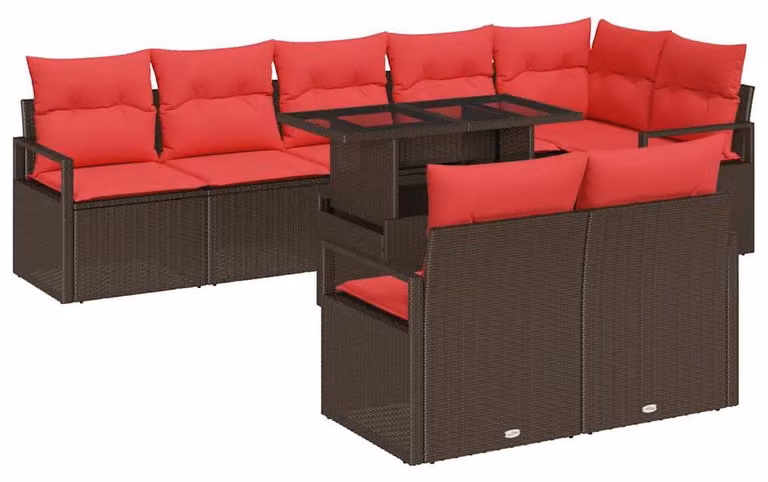 Set di divani da giardino, 9 pezzi, color marrone, in rattan sintetico