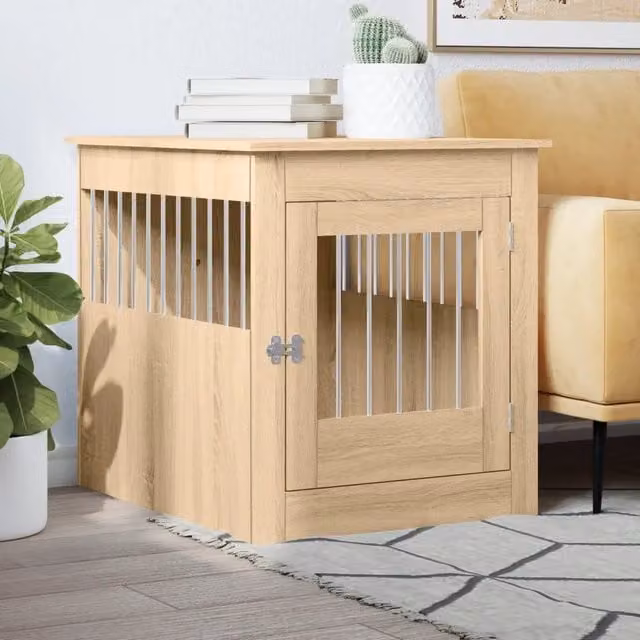Gabbia per cani vidaXL in legno e metallo color rovere, L 64,5 x P 80 x H 71 cm