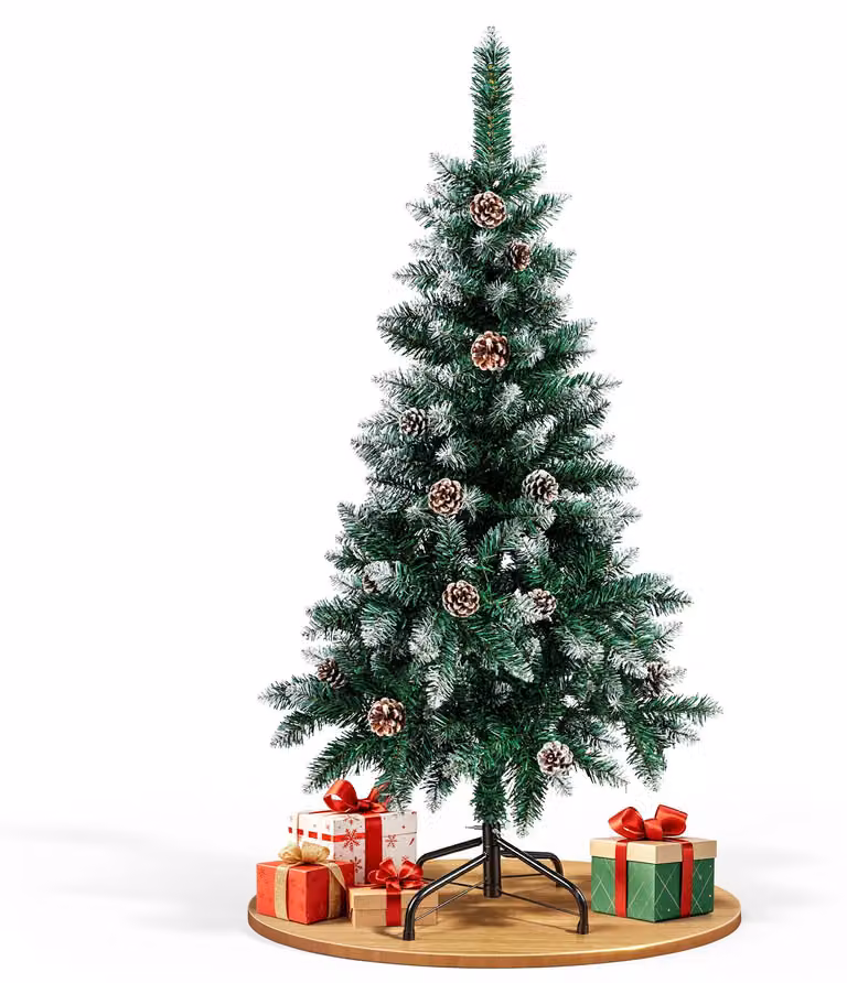 Albero di Natale artificiale Ikodm, altezza 120 cm, con decorazioni a neve, 180 punte, 15 pigne, realizzato in plastica con supporto in metallo