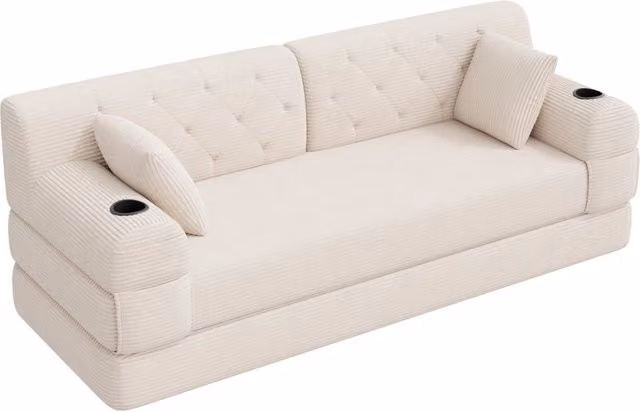 Divano letto compatto 208x162 cm in velluto a coste beige con tasche e 2 portabevande