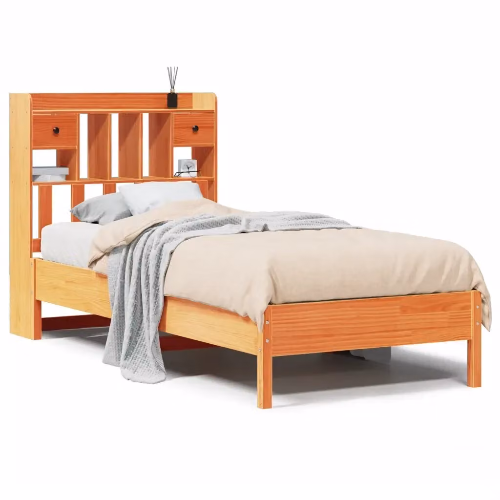 Letto Libreria vidaXL in Legno di Pino Massiccio Marrone Cera con Ripiani Laterali L/P/H: 200 x 100 x 110 cm – 2