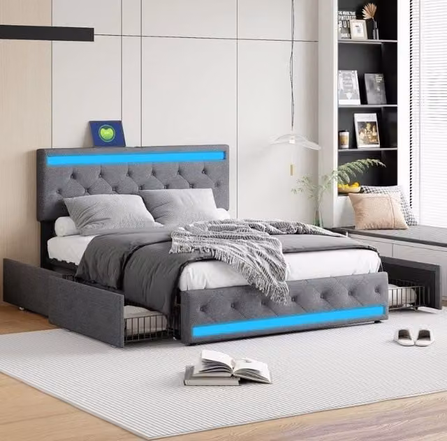 Letto matrimoniale contenitore 160x200 cm con testiera regolabile LED e porte USB struttura letto con 4 cassetti in legno lino grigio