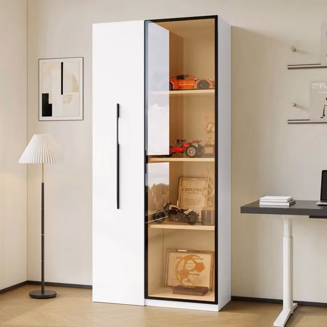 Vetrina FOLYNA con libreria estraibile, ante in vetro temperato e illuminazione LED, finitura bianca opaca, L: 70 cm, P: 40 cm, H: 160 cm