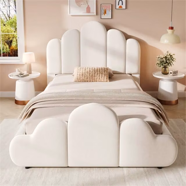 Letto imbottito, letto singolo, letto per bambini 90 x 200 cm, letto con testiera imbottita, angoli arrotondati, velluto, beige