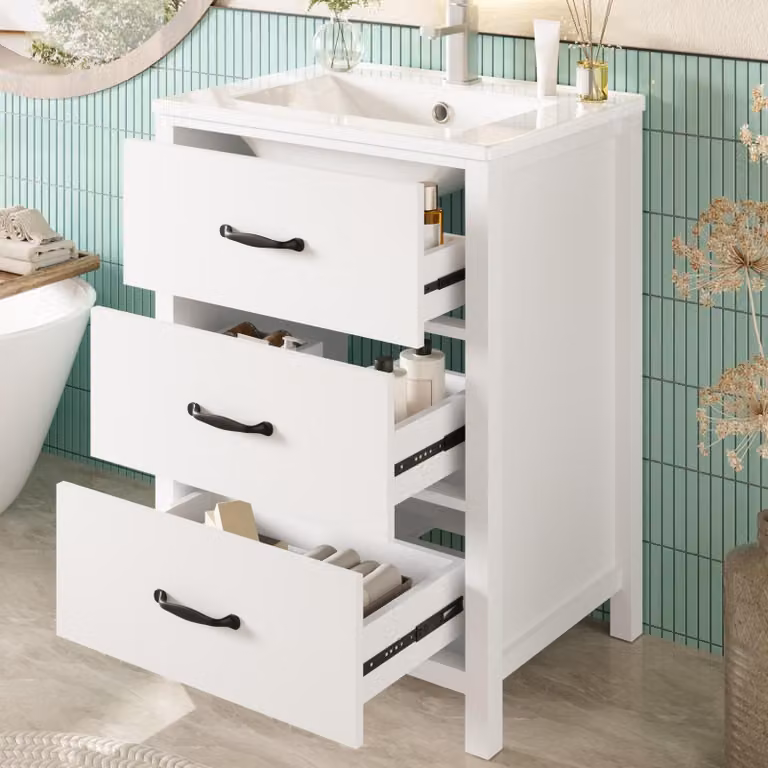 Mobile lavabo autoportante, bianco, dimensioni 61x47x83 cm, con 3 cassetti, realizzato in MDF al 100% e Vetroceramica. Lavabo resistente ai graffi con sistema antismarrimento. Ideale per il bagno