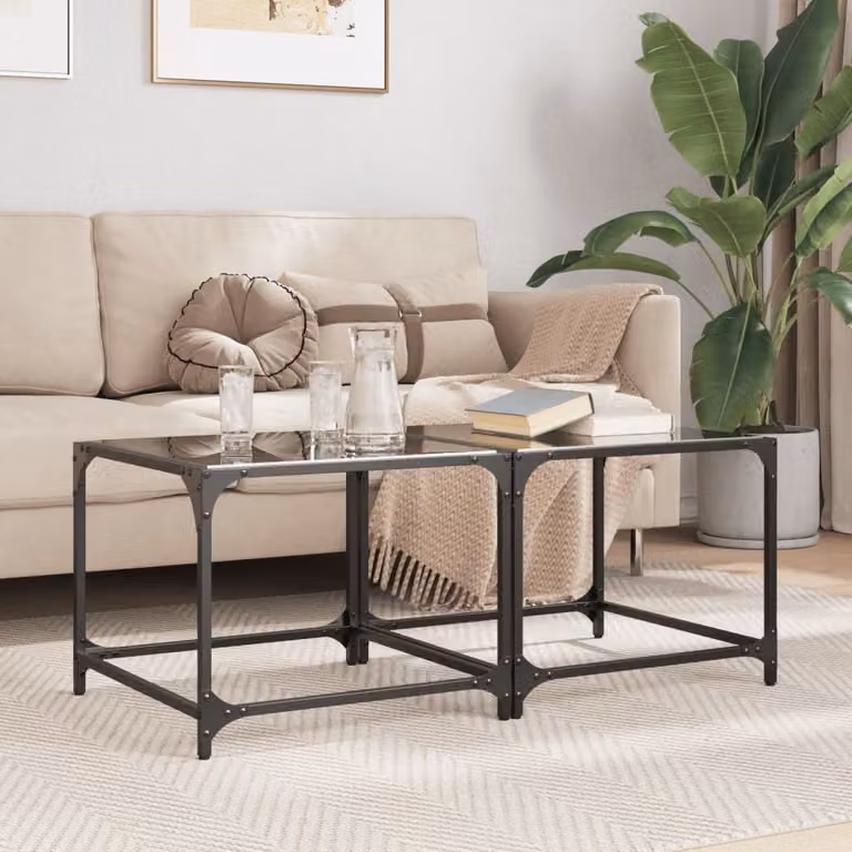 Maison Exclusive - Tavolini da caffè con piano in vetro, 2 pezzi, colore nero, dimensioni 50x50x40 cm, struttura in acciaio