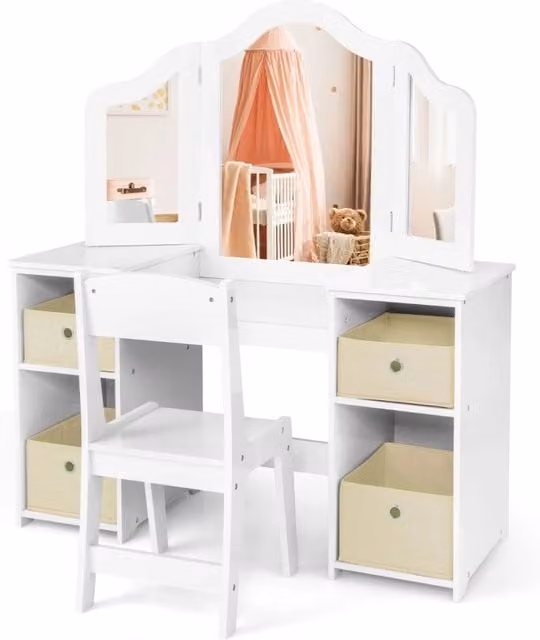 Toeletta da trucco con sgabello per bambini-Set da gioco da principessa con 3 specchi rimovibili 4 contenitori Bianco