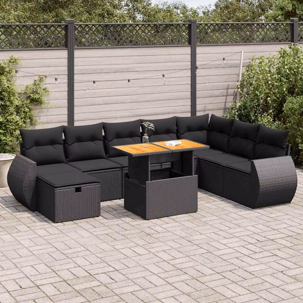 Set di divani da giardino vidaXL 9 pz in polyrattan e legno di acacia con cuscini neri e tavolino da esterno a forma di U