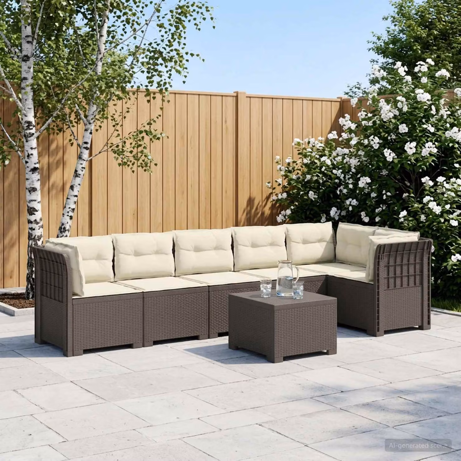 Set da giardino vidaXL a forma di L con divani, poltrone e tavolino, design moderno in aspetto rattan con cuscini inclusi, resistente alle intemperie, disponibile in grigio o beige