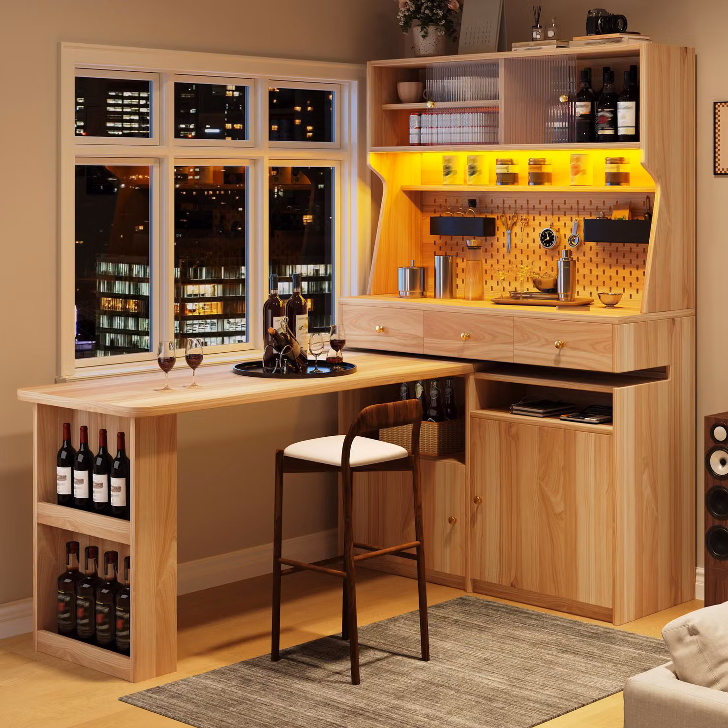 Mobiletto alto per cucina, con tavolo estraibile; mobiletto buffet con finitura in pelle; carrello portaoggetti per cucina, dimensioni 137x45x178 cm, colore marrone naturale