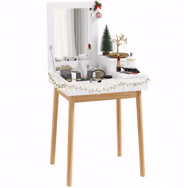 Scrivania toeletta Xylo con specchio ribaltabile e 2 cassetti, colore bianco, L: 60 cm, P: 50 cm, H: 85,5 cm