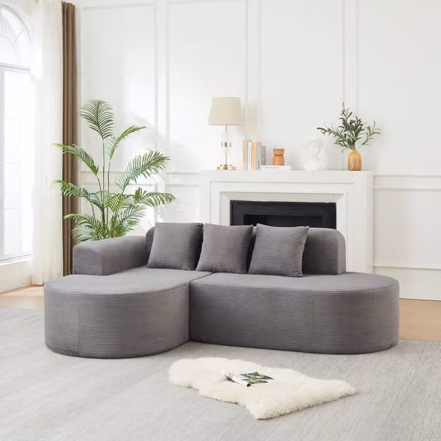 Divano angolare 220x155x70 cm con chaise longue curva in velluto a coste grigio