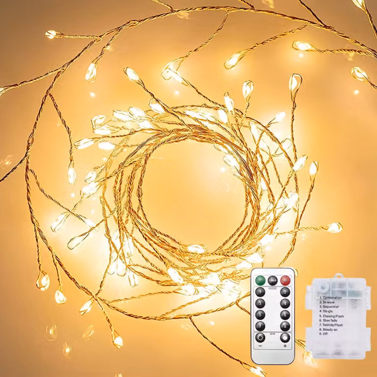Catena luminosa, confezione da 2, lunghezza 6 metri, 200 LED bianco caldo, 8 modalità, con telecomando