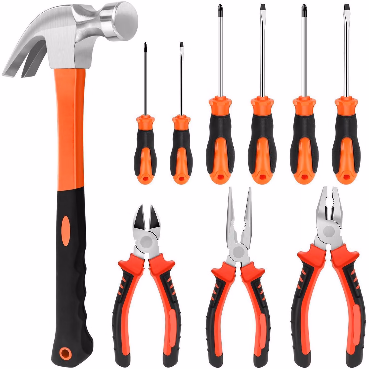 Set di 10 utensili, composto da pinze, cacciaviti e martello, di colore rosso